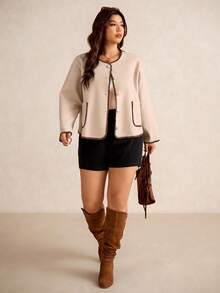 Elaquor Plus Size Women Floral Trim Round Neck Long Sleeve Single-Breasted Casual Jacket, Autumn Winter Fall Fall/Winter - Apricot - View 1