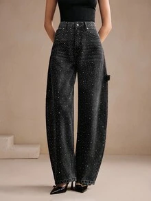 Anewsta Jeans sueltos de estilo callejero con bolsillos en diagonal, negros y con adornos de strass para mujer - Negro - Ver 7