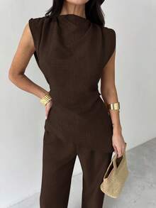 Firerie 卡其色简约优雅休闲通勤办公室服装：无袖不对称褶皱腰女式衬衫 + 常规褶皱阔腿女式裤子、亚麻通勤套装、女士沙滩装、机场装、度假装、教师装 - 咖啡棕 - 查看 4