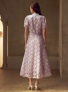 MOTF PREMIUM GOLD THREAD FLORAL EMBROIDERED STAND COLLAR PUFF SLEEVE FITTED PEARL BELT MID-LENGTH DRESS - Mauve Purple - View 3