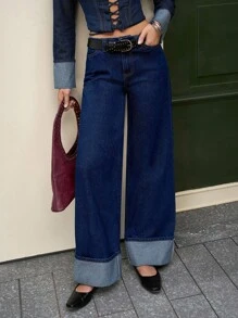 Jeanoix 女式休闲水洗低腰阔腿牛仔裤 - 藍色 - 查看 1