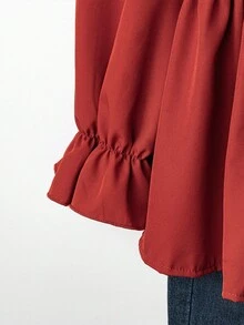 Linhara Plus Size French Round Neck Puff Sleeve Pullover Long Sleeve Non-Stretch Blouse, Suitable For Spring/Autumn Women, Slimming Flared Hem Top Fall Cloth For Women - Red - View 3