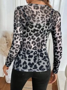 Easowa 圆领复古豹纹紧身网眼面料休闲通勤优雅外套上衣，女士秋冬装 - 彩色 - 查看 2