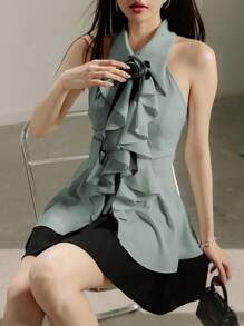 Modelyn 女式优雅 3D 花卉装饰腰部无袖衬衫，夏季 - 綠色 - 查看 3