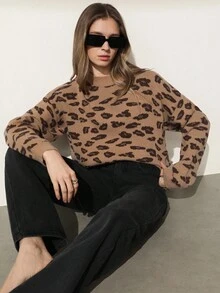 GENKIRA Women's Casual Raglan Knit Crew Neck Leopard Print Pullover Sweater Fall Winter Cloth For Women - Multicolor - View 2
