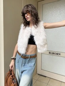 ATUI Studio Solid Color Autumn/Winter Fashion Button Faux Fur Vest, Crop Fur Top, Fur Crop Top, Cropped Fur Jacket