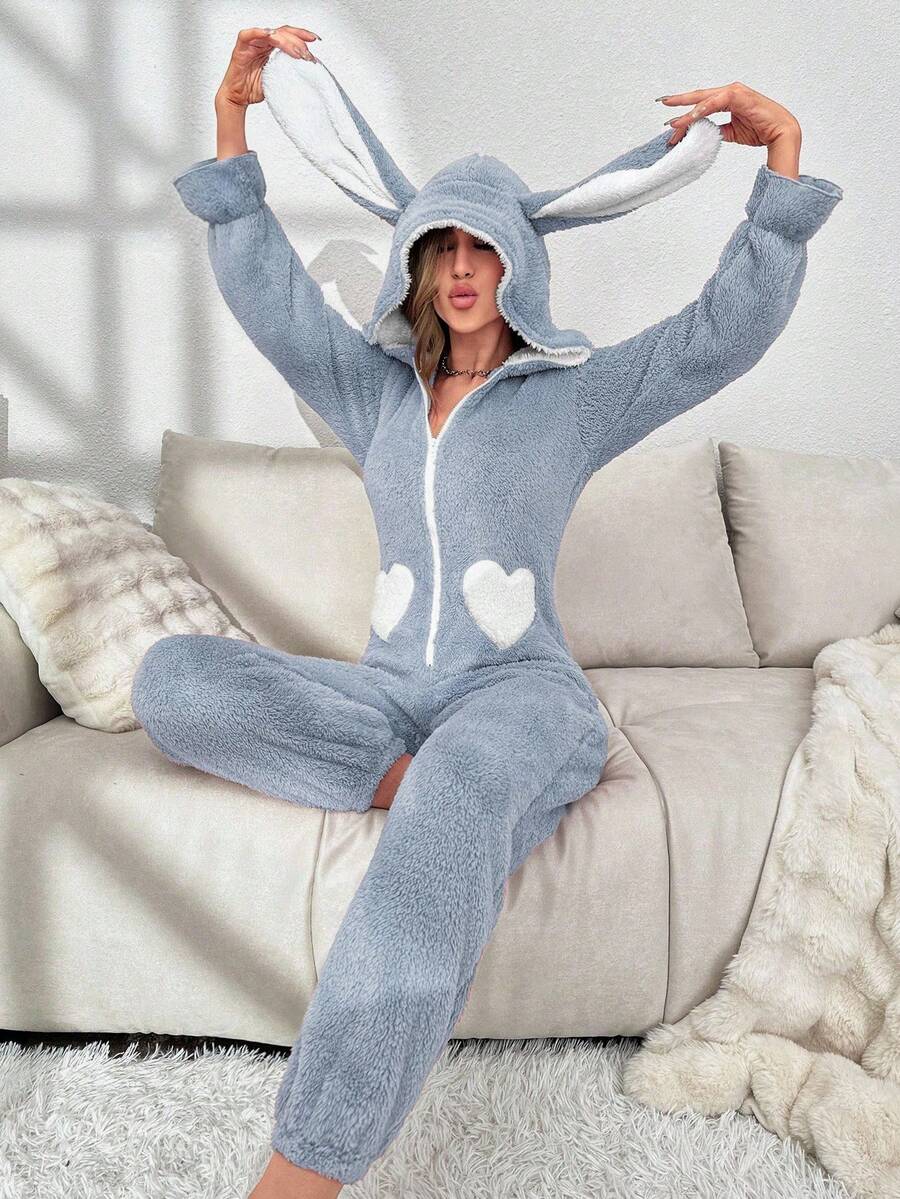 Women's Cute Contrast Color Heart Pattern 3D Big Rabbit Ear Hooded Plush Fluffy Pajamas Jumpsuit, Autumn/Winter, Fall, Cozy - Blue - View 1