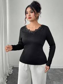 Modelyn 女式V领长袖刺绣水钻装饰优雅百搭加大码T恤 - 黑色 - 查看 3