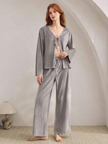 Ocili Set de pijamale pentru femei, 2 buc, cu mânecă lungă și pantaloni largi, casual, cu nod în față, set de pijamale moi, haine de toamnă