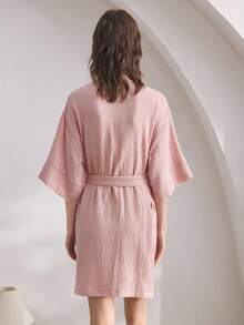 Ocili 女士纯色半袖系带休闲家居服睡袍 - 粉色 - 查看 3
