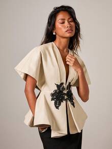 COSMINA Women's Elegant Waist Cinched PU Applique Blouse Kimonos For Woman - Apricot - View 5