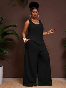 Slaydiva Bộ 2 món Xuân/Hè mới 2025 dành cho nữ cỡ lớn phong cách phương Tây/nhiệt đới/lễ hội âm nhạc/câu lạc bộ/chuyến đi đường phố/kỳ nghỉ thường ngày trong thành phố/ngày tốt nghiệp/kỳ nghỉ thanh lịch - Áo ba lỗ rộng cổ chữ U không tay họa tiết và quần ống rộng cạp cao có túi - màu đen - Xem 7