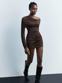 Maija 2025 Robe moulante asymétrique froncée de couleur unie pour femmes, automne - Tabac - Voir 8