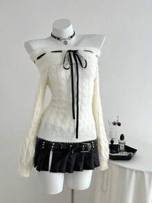 Elamini Sexy Fashion Knot Off Shoulder Fitted Long Sleeve Sweater - White - View 3