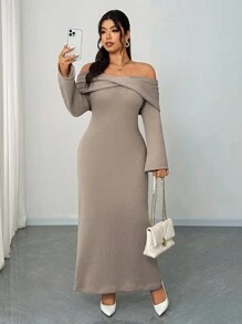 Elenzga Abito lungo in maglia a maniche a campana con design a nodo sulle spalle, colore unito, taglie comode, elegante e sexy per feste, uso quotidiano e casual, adatto per autunno/inverno - Cachi - Visualizzare 5