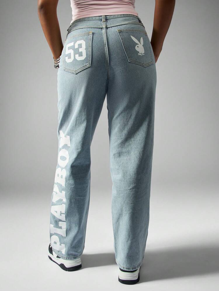 Missguided x Playboy Cotton Wide Leg Studded Jeans With Metallic Grommets Bunny Logo Relaxed Fit High Rise Light Wash Denim Pants