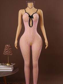 SHEIN Sleeveless Cropped Pink Lingerie Bodysuit With Wild Textured Design Lingerie Jumpsuit Bodystocking Body Stocking Lingerie ClassicAnimalPrint - Pink - View 7