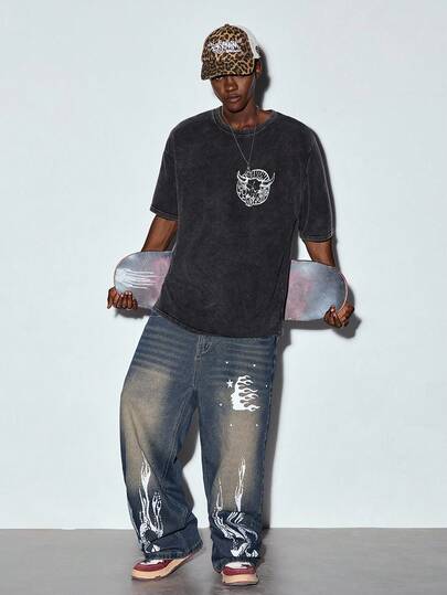  MODCRASH Men's Vintage Washed Ox Print Short Sleeve Round Neck T-Shirt, Summer, Streetwear, Graphic Tee Spring To Summer