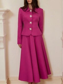 Chiquease 法式优雅淑女风格修身领长袖上衣和高腰喇叭裙，时尚百搭亚麻女士套装 - 玫紅色 - 查看 1