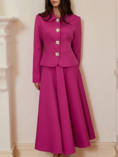 Aveloria Rosie 法式优雅淑女风格修身领长袖上衣和高腰喇叭裙，时尚百搭亚麻女士套装