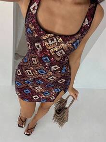 Glamine Váy ngắn hở lưng gợi cảm đính sequin cho nữ, thời trang mùa hè - Nhiều màu - Xem 1