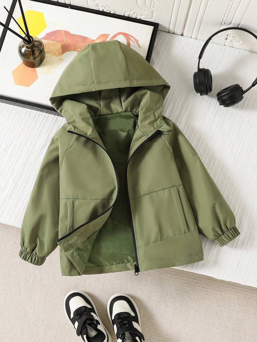 Jaket Windbreaker Kasual Minimalis Patchwork Saku Berkerudung untuk Anak Laki-Laki, Jaket Longgar Nyaman untuk Pemakaian Sehari-hari Musim Semi/Gugur, Perjalanan, Pesta, Pemotretan Musim Gugur/Musim Dingin - Hijau Tentara - View 1