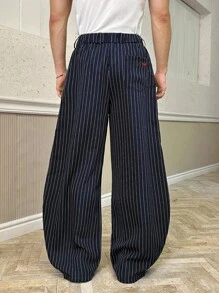 Manfinity BRENVOR Casual Loose Wide-Leg Pants For Men, Suitable For Daily Street Wear, For Fall - Navy Blue - View 3
