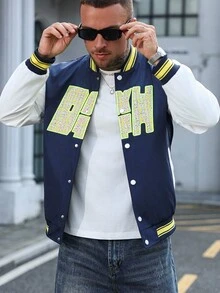 Manfinity Homme Men's Contrast Color Patchwork Letter Embroidery Varsity Jacket,Navy Blue Streetwear Baseball Jacket For Autumn,Graduation,Back-To-School Style - Blue - View 8