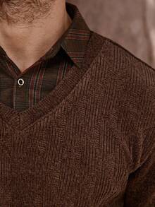 Manfinity Homme Men's V-Neck Long Sleeve Casual Loose Pullover Sweater, Autumn, Old Money - Brown - View 5