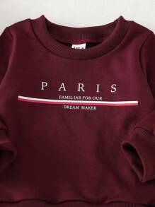 SHEIN 男婴休闲巴黎字母印花罗纹长袖卫衣，春/秋/冬，婴儿，6个月-3岁 - 酒紅色 - 查看 6