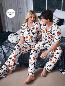 CoupledUp Halloween Pumpkin, Ghost, Magic Cat Print Casual Men Polo Collar Pajama Set - White - View 1