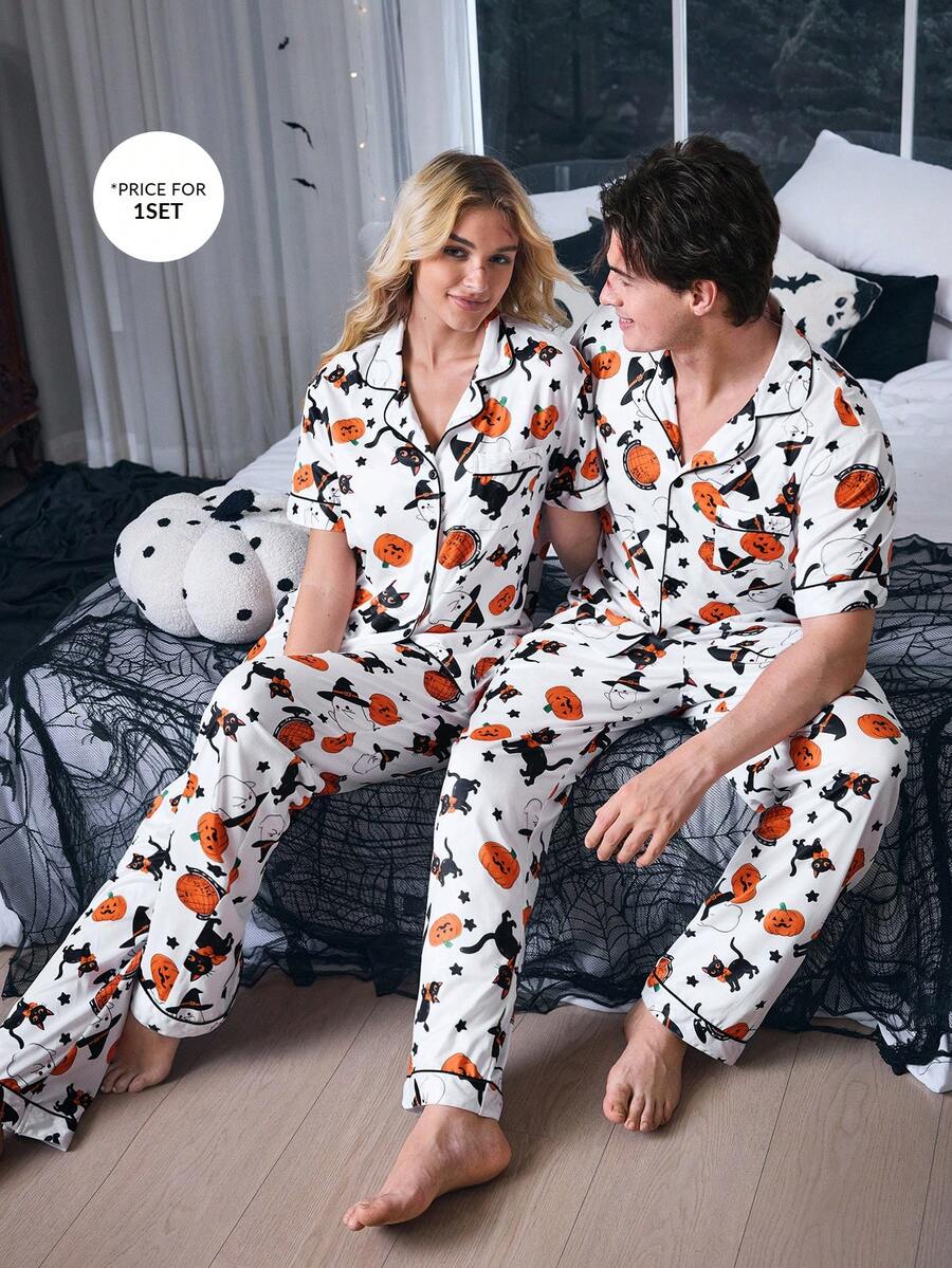 CoupledUp Halloween Pumpkin, Ghost, Magic Cat Print Casual Men Polo Collar Pajama Set - White - View 1