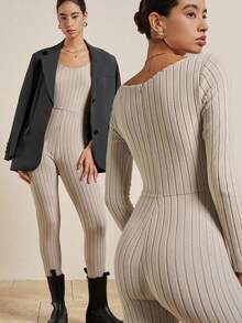 INAWLY Mono de punto ajustado de manga larga y unicolor casual para mujer