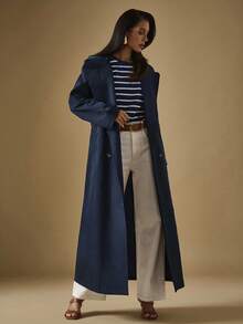 Briarwyn 女士时尚休闲纯色双排扣长款风衣 - 藏蓝色 - 查看 6