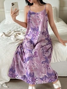 DAZY 女士印花轻薄长款吊带裙，度假风睡衣，宽松睡裙 - 紫色 - 查看 4