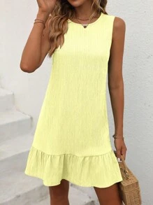 Breezaya 女士时尚纯色纹理荷叶边下摆无袖连衣裙夏季度假沙滩装 - 黃色 - 查看 5