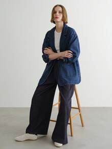 FRIFUL 女式休闲百搭宽松牛仔夹克，带双口袋 - 藍色 - 查看 14