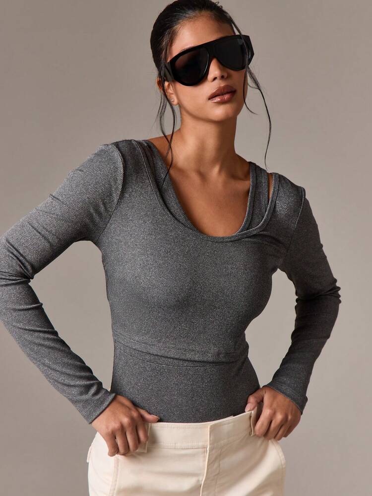 AiiRZ Long Sleeve Layered Ribbed Bodysuit Double Neckline Form Fitting Fall Winter Bodywear Base Layer Fashion Essential Casual Everyday Wear