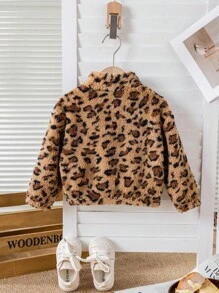 SHEIN Babygirl Fluffy Leopard Print Casual Jacket, Autumn/Winter Fall - Brown - View 6