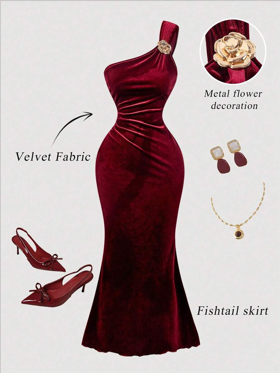 SHEIN MOD 复古优雅女式褶皱荷叶边下摆长款单肩连衣裙 - 酒紅色 - 查看 1