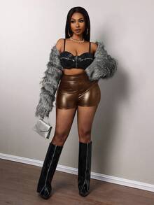 Slaydiva Elegant Party Slim-Fit High-Waisted Side Pleated Faux Leather Shorts For Women - Mocha Brown - View 5