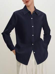 BizChic 2025 Autunno/Inverno Nuova camicia da donna con collo a bavero, spalle scoperte e bottoni davanti, in blu navy. Elegante e moderna, adatta per l'ufficio e il tempo libero, ideale per appuntamenti, feste, matrimoni, compleanni, Ognissanti e Natale.