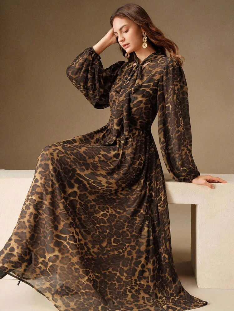 New Autumn Vacation Style Sexy Leopard Print V-Neck Long Sleeve Cinched Waist Bow Dress For Women
