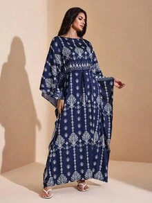 JIAN LASALA 全印花船领宽松蝙蝠袖长款连衣裙，女士波西米亚风度假夏季长袍，优雅女士外出派对礼服，冬季晚礼服，奢华时尚服装系列 - 藏蓝色 - 查看 5