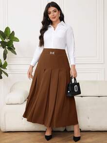Modelyn Plus Size Autumn Simple Metal Decor Pleated Skirt - Brown - View 3