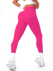 SHEIN Sports 女式高腰纯色罗纹无缝瑜伽紧身裤 - 玫紅色 - 查看 2