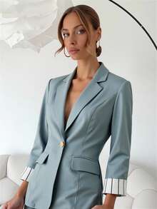 Modelyn 女士拼接条纹袖口翻领休闲西装外套 - 綠色 - 查看 4