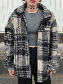 FRIFUL Women's Plaid Warm Drop Shoulder Casual Zip-Up Jacket Oversized Jacket Plaid Jacket Winter Coat Grey Jacket Checkered Jacket