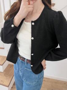 FRIFUL 女式黑色纯色圆领长袖泡泡袖休闲百搭修身夹克，适合秋季