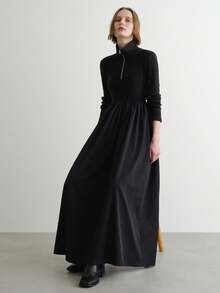 FRIFUL 女士黑色纯色翻领拉链腰部褶皱宽松休闲百搭长款连衣裙，秋冬女装 - 黑色 - 查看 5